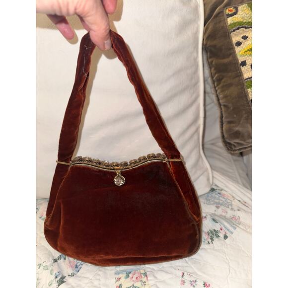VINTAGE OUTSTANDING JOLLES ORIGINAL BURGUNDY VELVET JEWELED FRAME BAG - - Picture 10 of 12